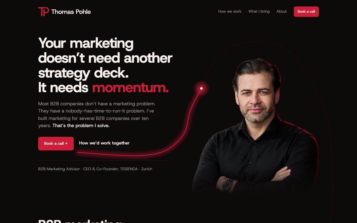 The live hero of thomas-pohle.com: headline left, cut-out portrait right, light trail from the button